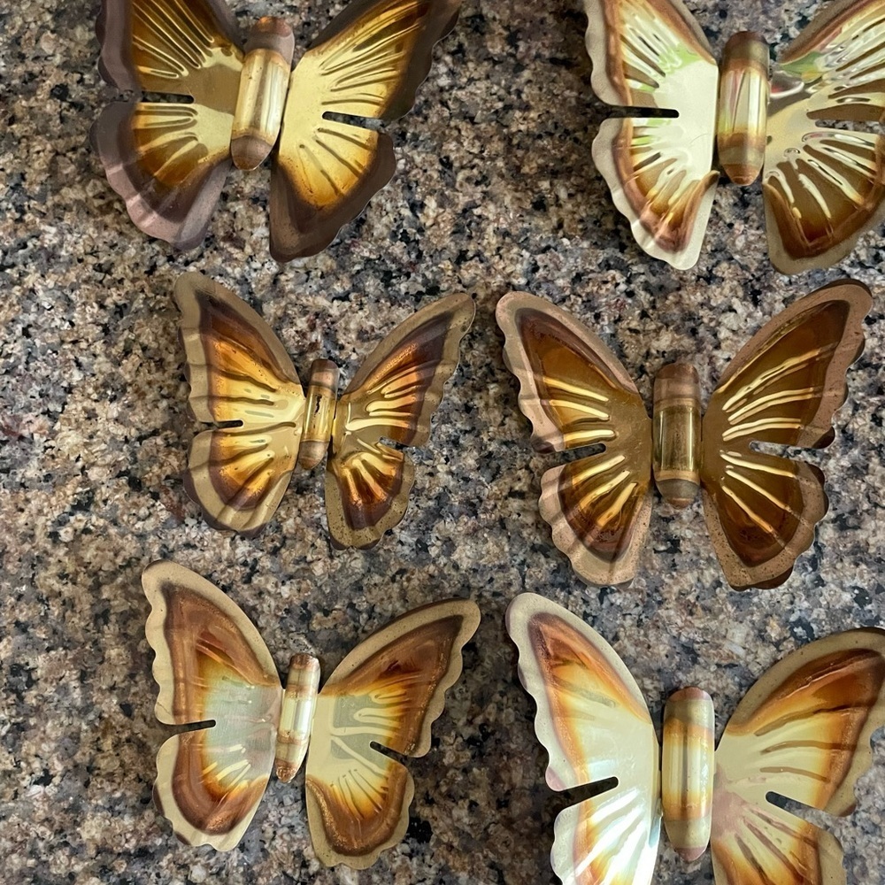 Vintage Two Sets (6) Homco Metal Brown & Gold Butterfly MCM Wall Decor, 1980's.